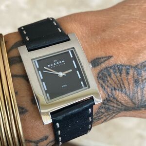 Skagen Denmark Stainless Steel Black Leather Strap Tank Style Wristwatch